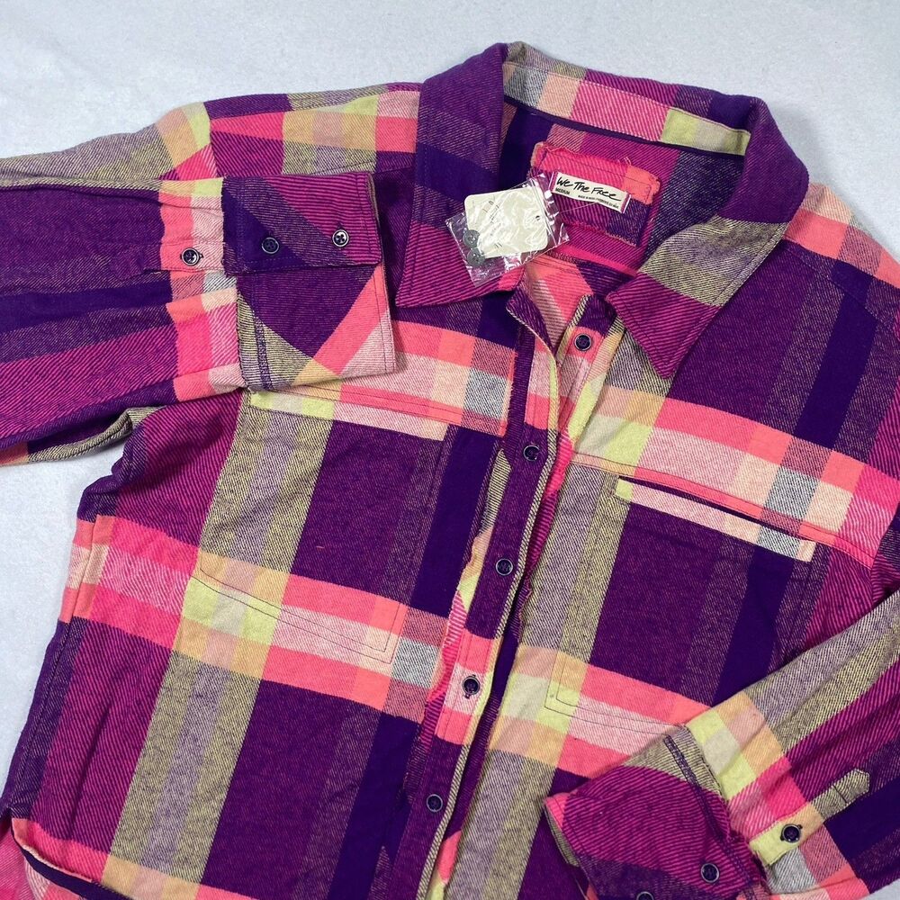 NWT FREE PEOPLE $148 SO LONG SUMMER COTTON FLANNEL SHIRT L PINK PLAID Button